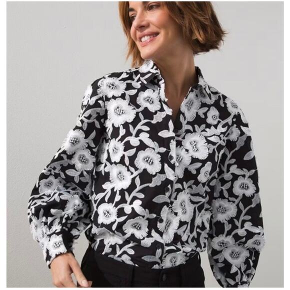 Chicos Womens Embroidered Button Up Shirt Size 2.5 L XL Black White Floral Boho - Picture 1 of 8